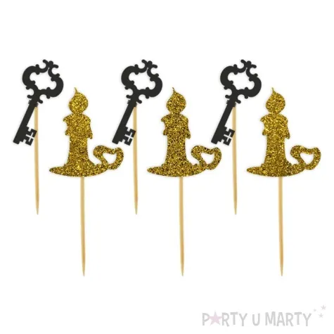 pikery brokatowe andrzejki klucz i swieca zloto czarne 6 szt