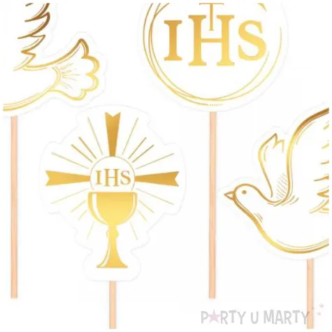 pikery komunia swieta ihs golabek i kielich bialo zloty partypal 6 szt