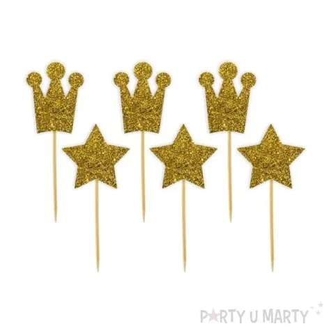 pikery korony i rozdzki zlote brokat 6 szt