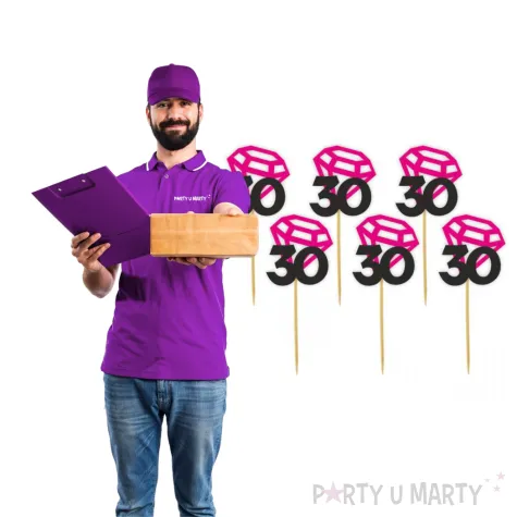 pikery liczba 30 z diamentem fuksja 6 szt