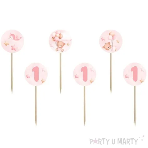 pikery misie z balonikami na roczek rozowy jasny congee 6 szt