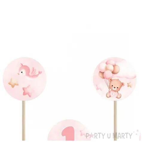 pikery misie z balonikami na roczek rozowy jasny congee 6 szt