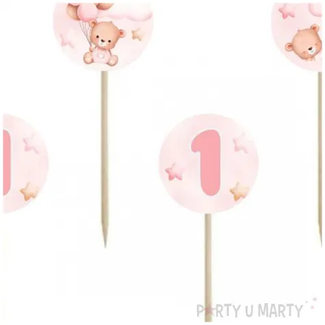 pikery misie z balonikami na roczek rozowy jasny congee 6 szt