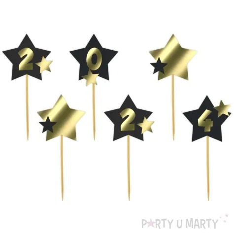 pikery nowy rok 2024 z gwiazdami zloto czarne 6 szt