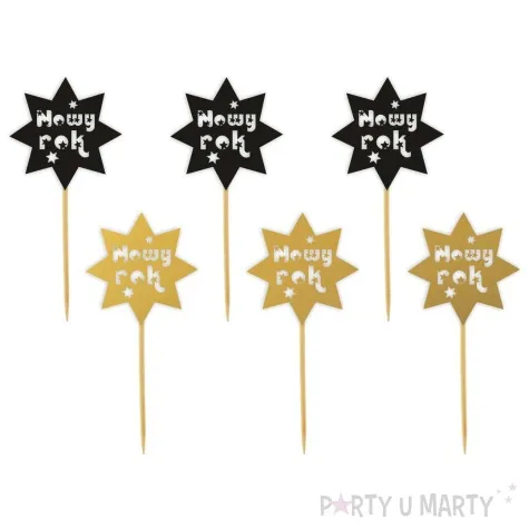 pikery nowy rok z gwiazdami zloto czarne 6 szt