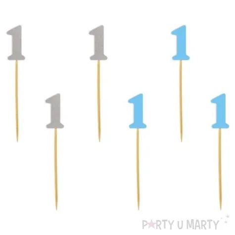 pikery urodziny 1 blekitno srebrne 6 szt