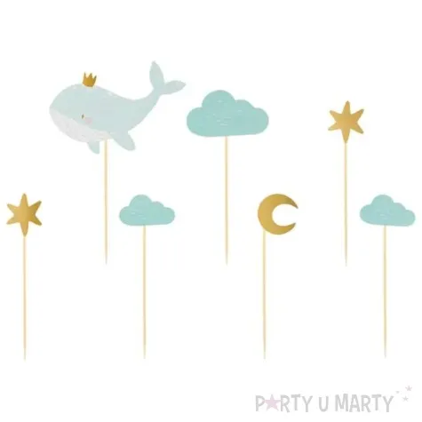 pikery wieloryb i chmurki zloto blekitny partydeco 7 szt
