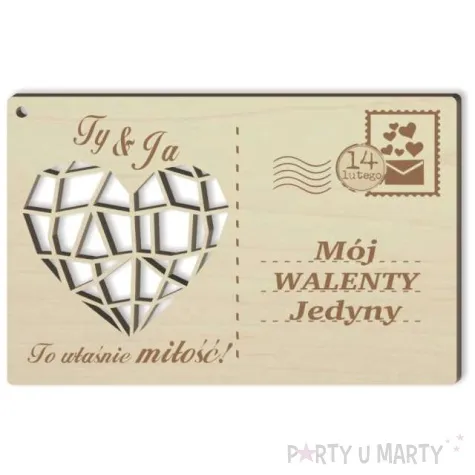 pocztowka moj walenty z sercem drewniana 140x90 mm