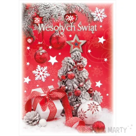 pocztowka wesolych swiat choinka na czerwonym tle maki a6
