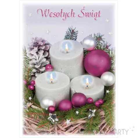 pocztowka wesolych swiat stroik i fioletowe bombki maki a6