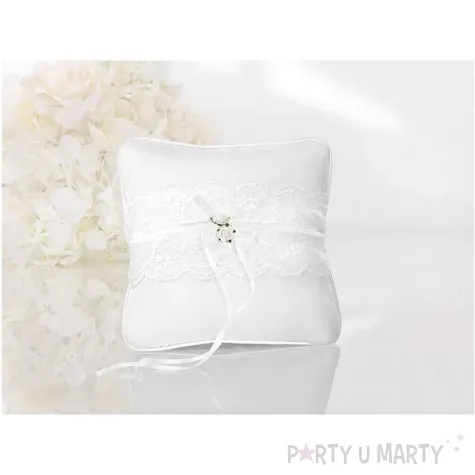 poduszka pod obraczki biala rozyczka z koronka biala partydeco 16x16 cm