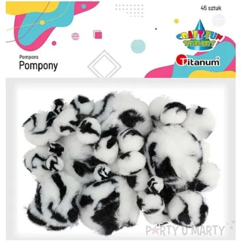 pompony pluszowe akrylowe cetki bialo czarne titanum 10 50 mm 45 szt