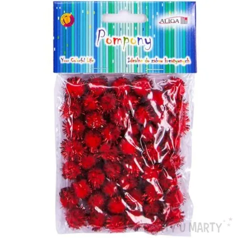 pompony pluszowe metalizowane czerwone aliga 13 mm 50 szt