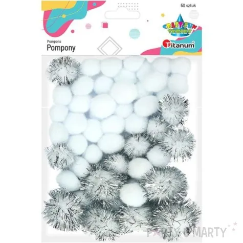 pompony pluszowe metalizowany mix biale titanum 20 35 mm 50 szt