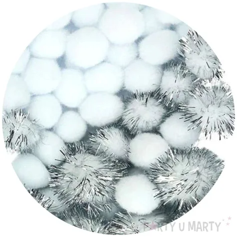 pompony pluszowe metalizowany mix biale titanum 20 35 mm 50 szt