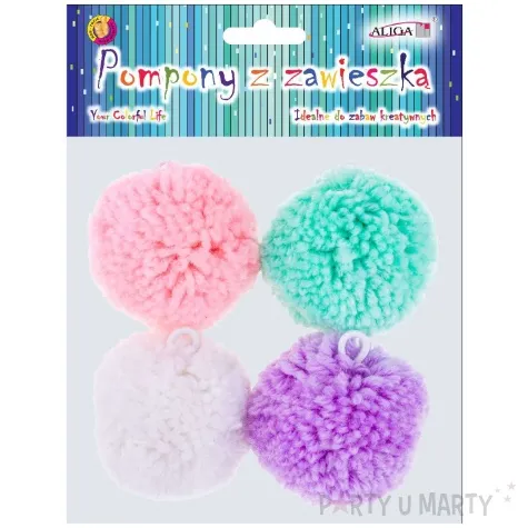 pompony pluszowe z zawieszka turkusowy fioletowy aliga 60 mm 4 szt
