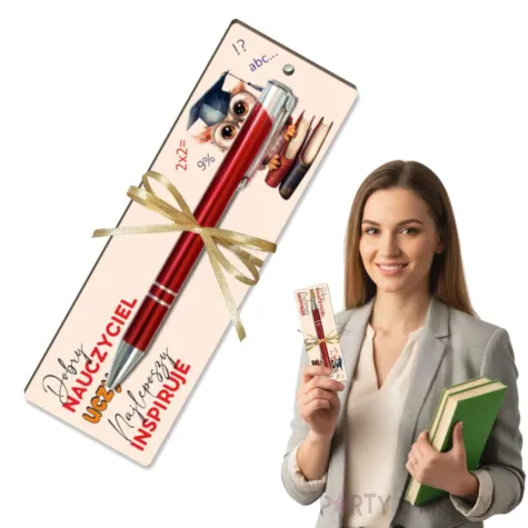 prezent dla nauczyciela na dzien edukacji koniec roku zakladka i dlugopis nauczyciel inspiruje