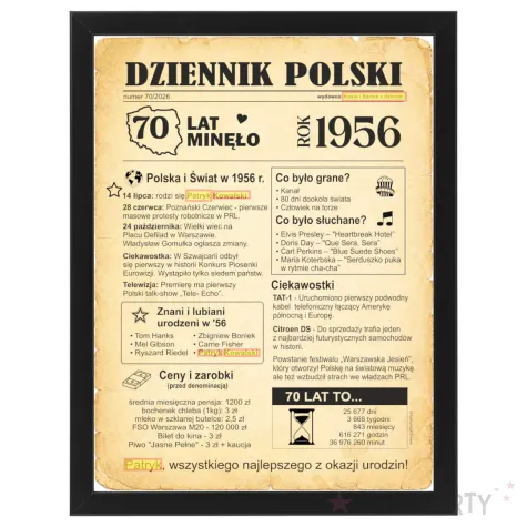 prezent na 70 urodziny siedemdziesiatke kartka plakat gazeta w ramce dziennik polski 1986 imi