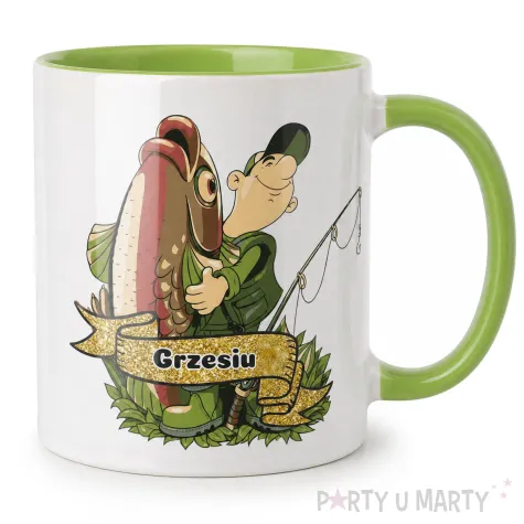 prezent na dla wedkarza na urodziny kubek zlota rybka imie personalizacja bialy 330 ml
