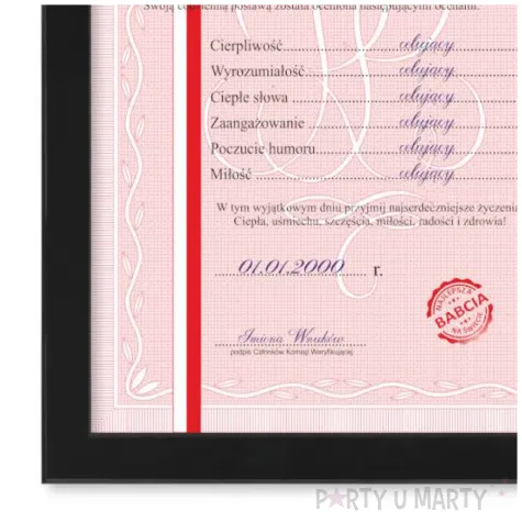 prezent na dzien babci swiadectwo dyplom najlepszej babci personalizowany w ramce a4