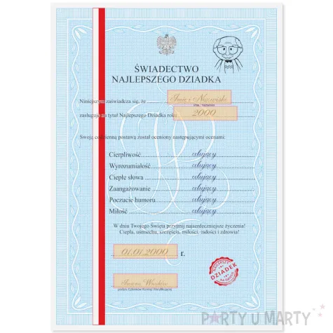 prezent na dzien dziadka urodziny swiadectwo dyplom najlepszego dziadka personalizowany a4