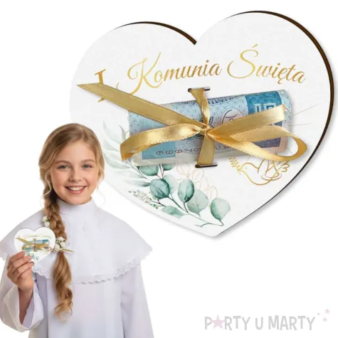 prezent na pierwsza komunie swieta karnet na banknot pieniadze serce 10x8 5 cm
