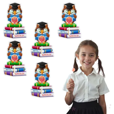 prezent na rozpoczecie roku szkolnego dekoracja kartonowa madra sowa na lizak witaj szkolo x5