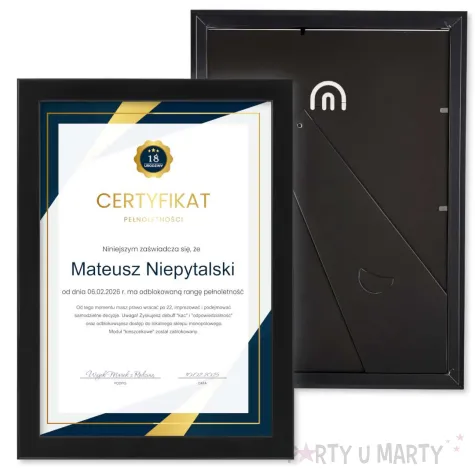 prezent na urodziny personalizowany certyfikat w ramce dowolne imie wzory do wyboru a4