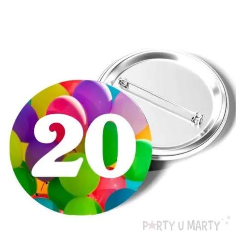 przypinka 20 urodziny okragla kolor mix 56 mm