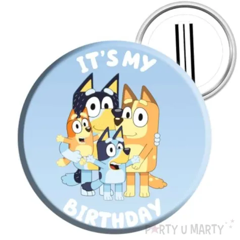 przypinka bluey its my birthday niebieski amscan 55 mm