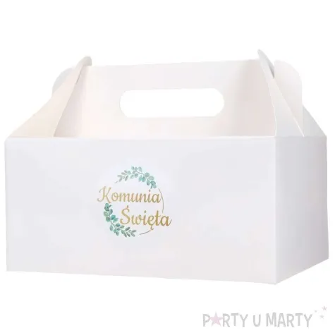 pudelko na ciasto komunia swieta z eukaliptusem bialo zloty czakos 10 szt