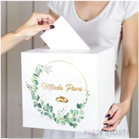 pudelko na telegramy skrzynka na koperty i pienidze slub mloda para eukaliptus beauty biala