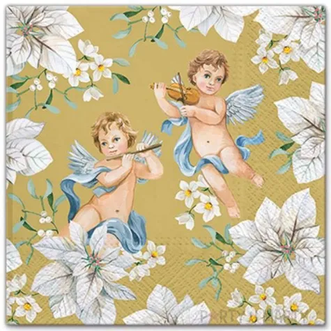 serwetki anioly w kwiatach zloty paw 33 cm 20 szt