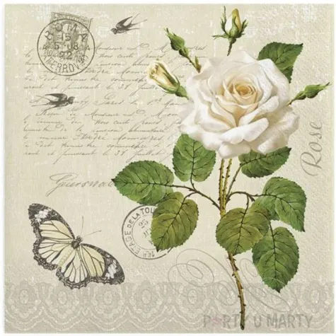 serwetki biala roza z motylkiem maki 33 cm 20 szt