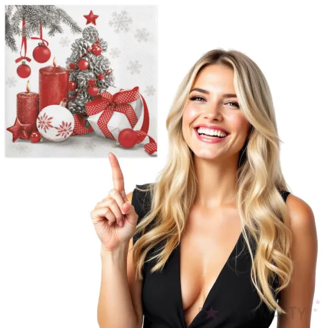 serwetki bialo czerwona kompozycja z choinka maki 33 cm 20 szt