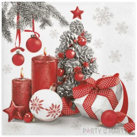 serwetki bialo czerwona kompozycja z choinka maki 33 cm 20 szt