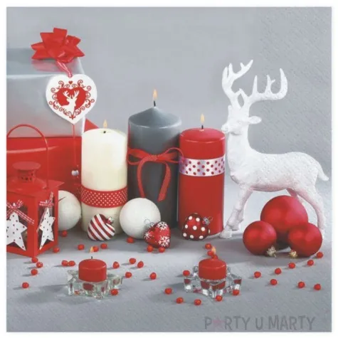 serwetki bialo czerwone kompozycja swiateczna maki 33 cm 20 szt