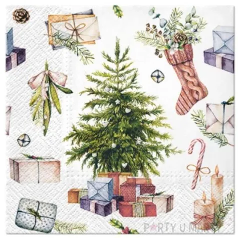 serwetki choinka z prezentami biale paw 33 cm 20 szt