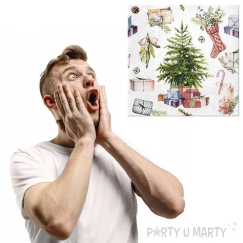 serwetki choinka z prezentami biale paw 33 cm 20 szt