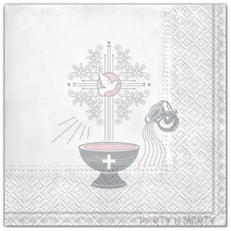 serwetki chrzest krzyz srebrny rozowy maki 33 cm 20 szt