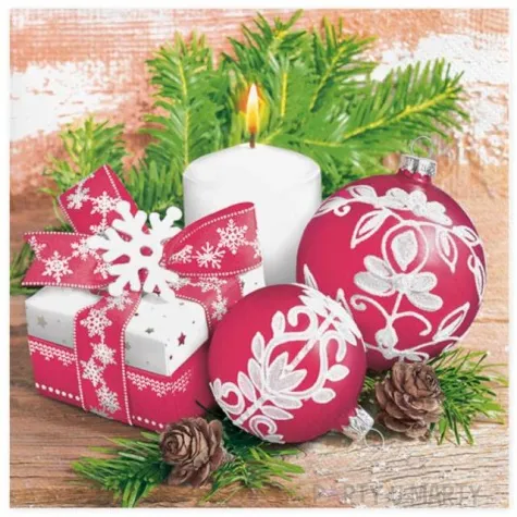 serwetki czerwone bombki z bialym nadrukiem maki 33 cm 20 szt