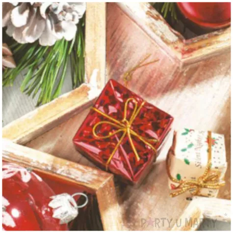 serwetki drewniana gwiazdka z prezentami i bombki maki 33 cm 20 szt