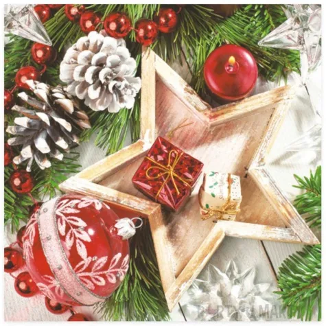 serwetki drewniana gwiazdka z prezentami i bombki maki 33 cm 20 szt