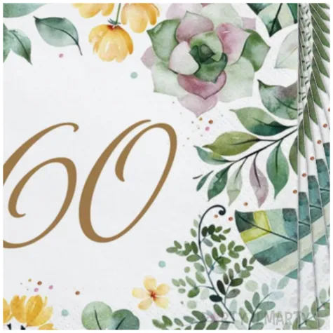 serwetki kwiatowe w stylu boho ze zlota liczba 60 na szescdziesiate urodziny
