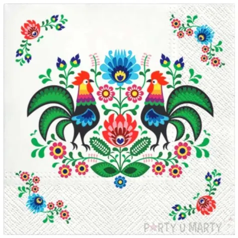 serwetki ludowe kolorowe koguty paw 33 cm 20 szt
