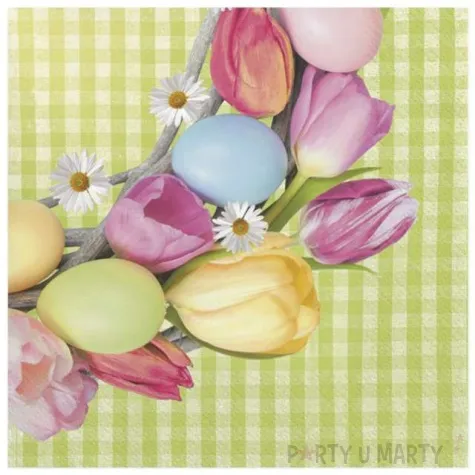 serwetki wielkanoc jajka i tulipany na zielonej kratce maki 33 cm 20 szt