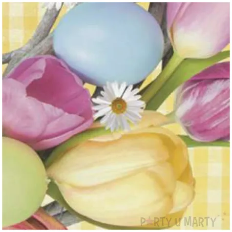 serwetki wielkanoc jajka i tulipany na zoltej kratce maki 33 cm 20 szt