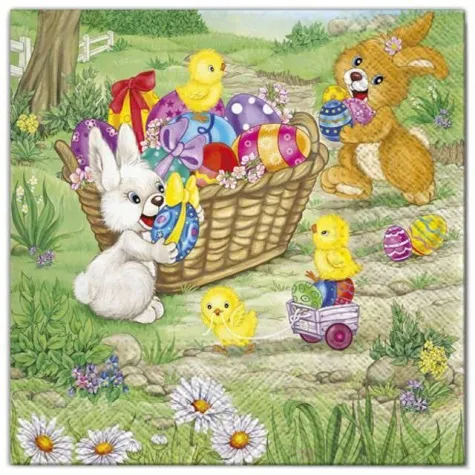 serwetki wielkanoc kroliki z jajkami w koszu maki 33 cm 20 szt
