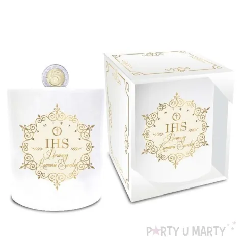 skarbonka pamiatka pierwszej komunii swietej ornament walec biala bgtech