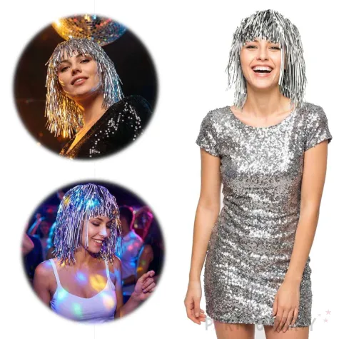 srebrna peruka na karnawal i sylwestra dodatek do stroju na nowy rok blyszczaca